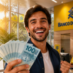 Homem sorrindo segurando cédulas de 100 reias em frente a uma agência do Bando do Brasil