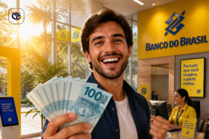 Homem sorrindo segurando cédulas de 100 reias em frente a uma agência do Bando do Brasil