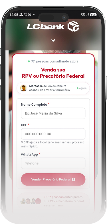 Tela de celular com formulário para venda de RPV ou Precatório Federal da LCbank.